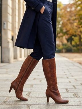 FEET FIRST Brown Leather Knee-High Heeled Boots With Zipper